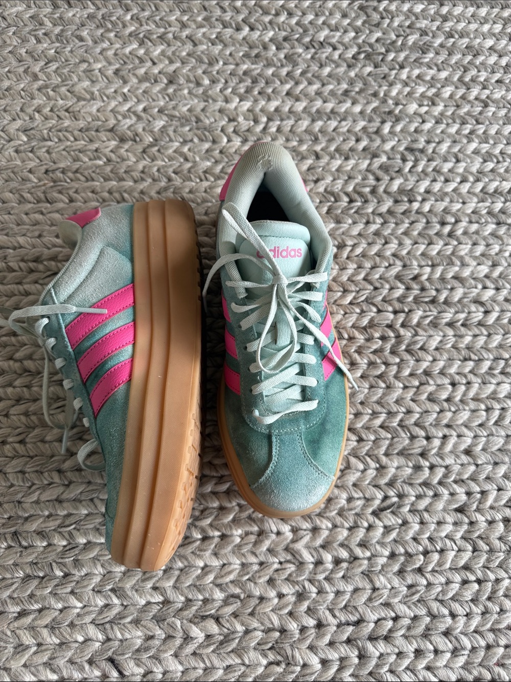 adidas Women’s Mint Green Suede Sneakers with Hot Pink Stripes and Gum Platform